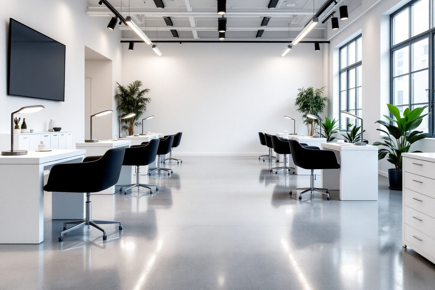 Salle de formation équipée de tables de manucure, de lampes et d'aspirateurs de poussière