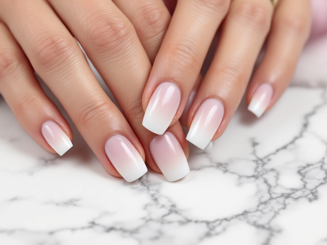 Main de cliente aux ongles baby boomer, en dégradé du blanc laiteux au rose pâle