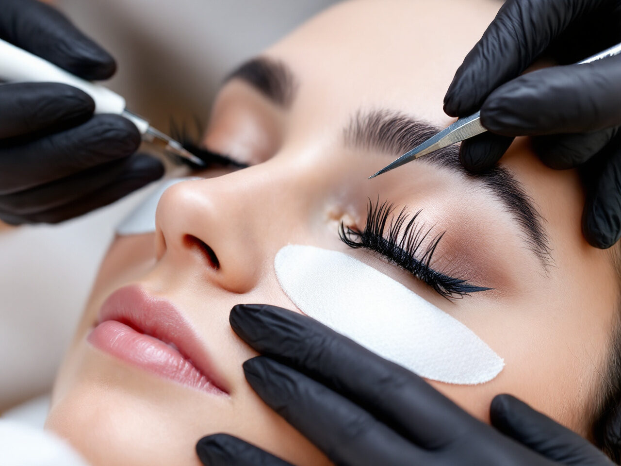 Pose d'extensions de cils à la pince, cliente les yeux fermés
