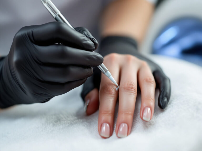 Application de gel de construction au pinceau sur l'ongle naturel d'une cliente