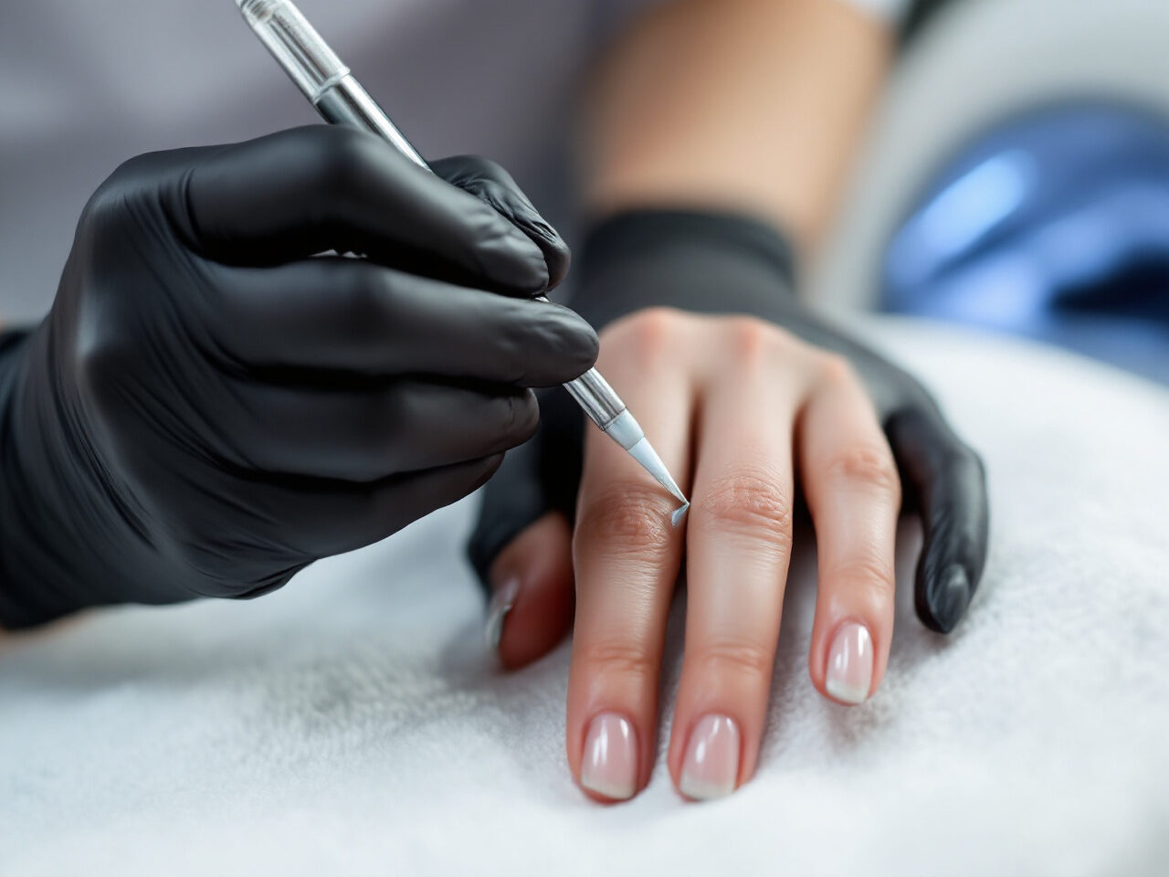 Application de gel de construction au pinceau sur l'ongle naturel d'une cliente