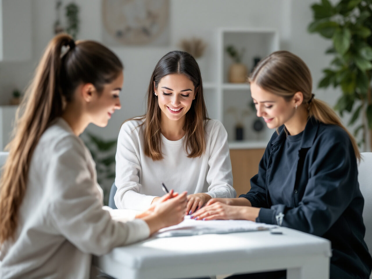 Modèle installée à une table de manucure pendant qu'une stagiaire s'occupe de ses ongles