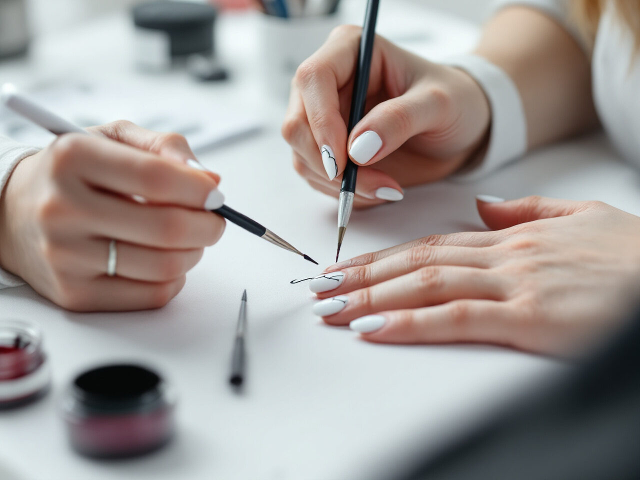 Fines lignes noires peintes au pinceau sur des ongles blancs