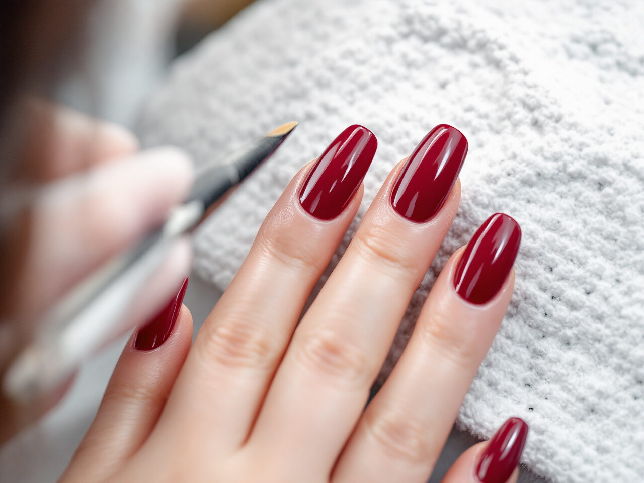 Limage d'un ongle en résine de forme amande, vernis rouge profond