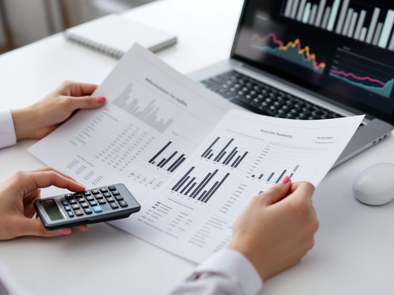 Tableaux chiffrés, calculatrice et ordinateur sur le bureau d'une gérante d'institut