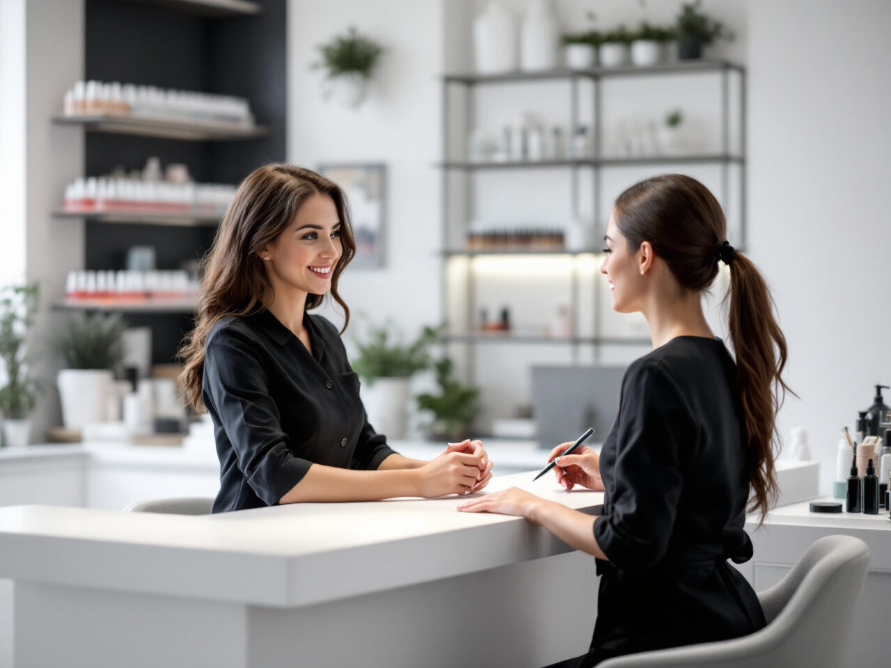 Conseil à une cliente à l'accueil d'un institut de beauté