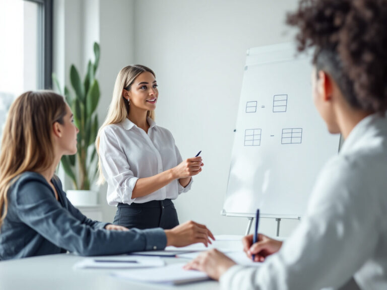 Formatrice expliquant un bilan schématisé au tableau blanc à deux participantes