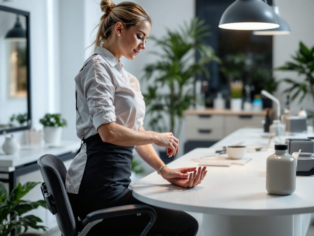 Esthéticienne assise à sa table de travail se massant le poignet