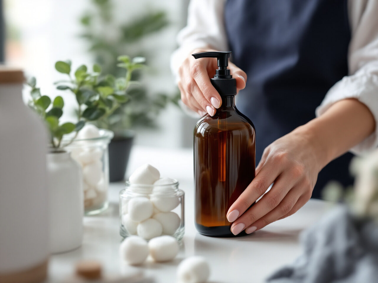 Flacon-pompe en verre ambré réutilisable et bocal de cotons sur le comptoir d'un institut