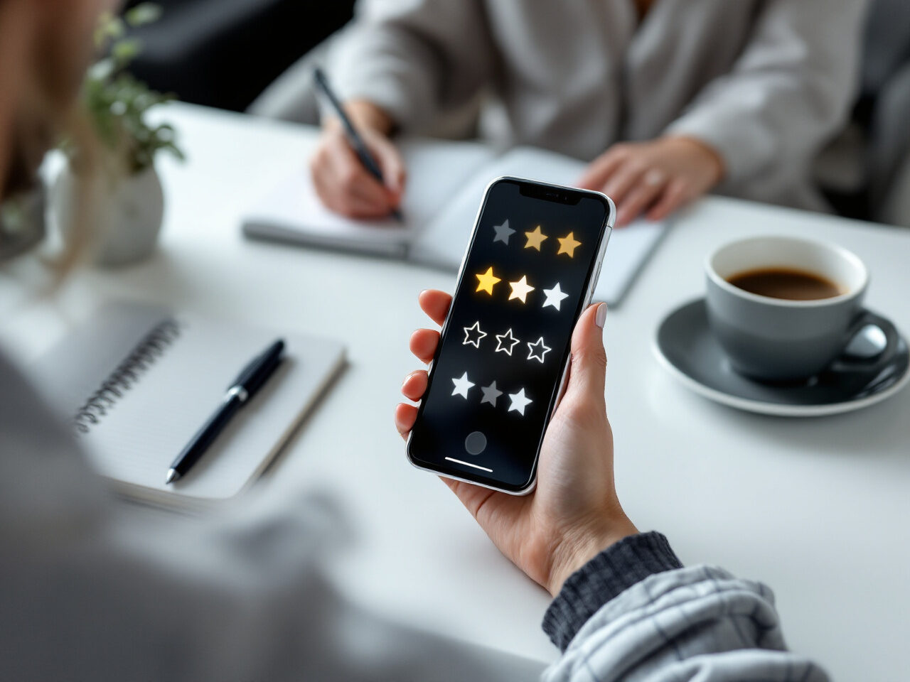 Main tenant un smartphone affichant des avis clients sous forme d'étoiles
