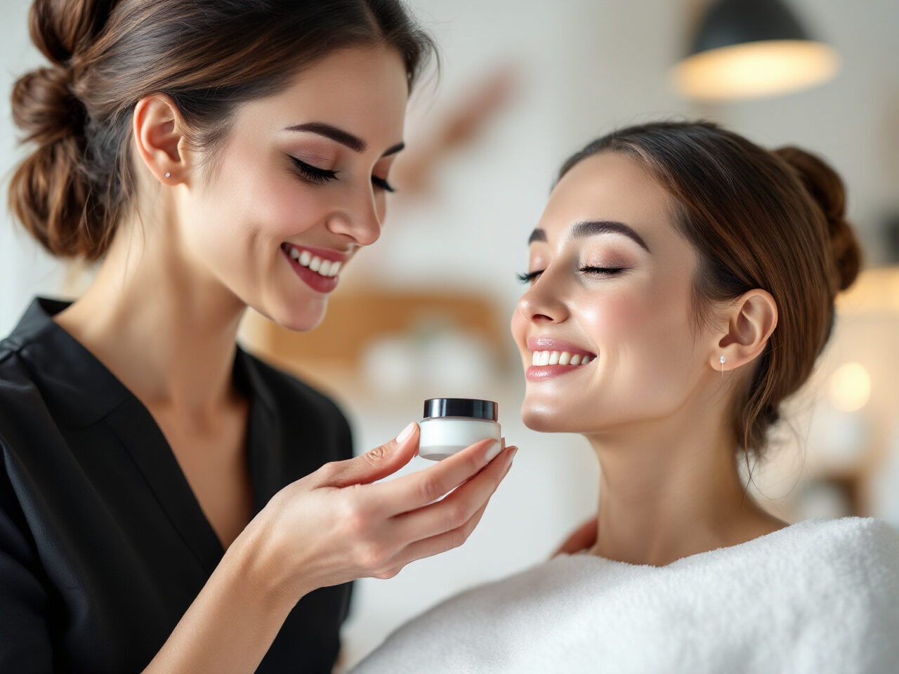Esthéticienne présentant une crème de soin à une cliente souriante