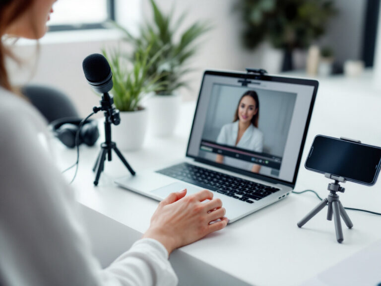 Ordinateur portable, micro et smartphone sur trépied pour créer des vidéos