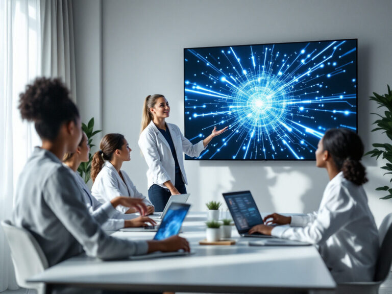 Formatrice présentant un visuel de réseau lumineux sur grand écran à des professionnelles de la beauté