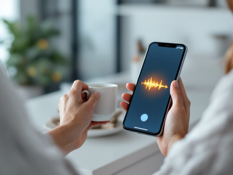 Gérante d'institut utilisant un assistant vocal d'intelligence artificielle sur son smartphone