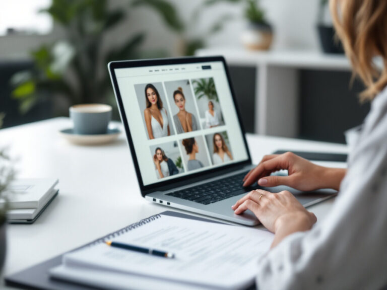 Gérante d'institut créant son site web sur un ordinateur portable