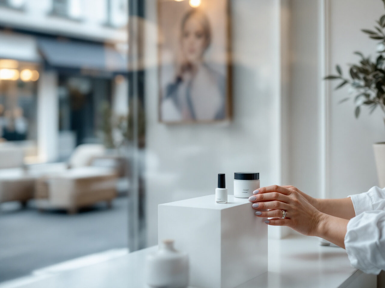 Main posant un pot de soin sur un présentoir blanc dans la vitrine d'un institut